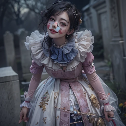 Standing in the grave、Hair flow、 ((highest quality、masterpiece、8k、Best image quality、Ultra-high resolution、Award-winning works)、(Accurate anatomy:1.1)、(Look at me and smile:1.1)、Shining fair skin with Ultra-high resolution、The most detailed face、Ultra-high resolution detailed face、Ultra-high resolutionの髪の毛、(Ultra-high resolution eye:1.1)、Beautiful face drawn in every detail、Cheerful clown costume, Chest to chest, Strange atmosphere, Ghosts flow, Dark Light, At the cemetery, Heavy makeup