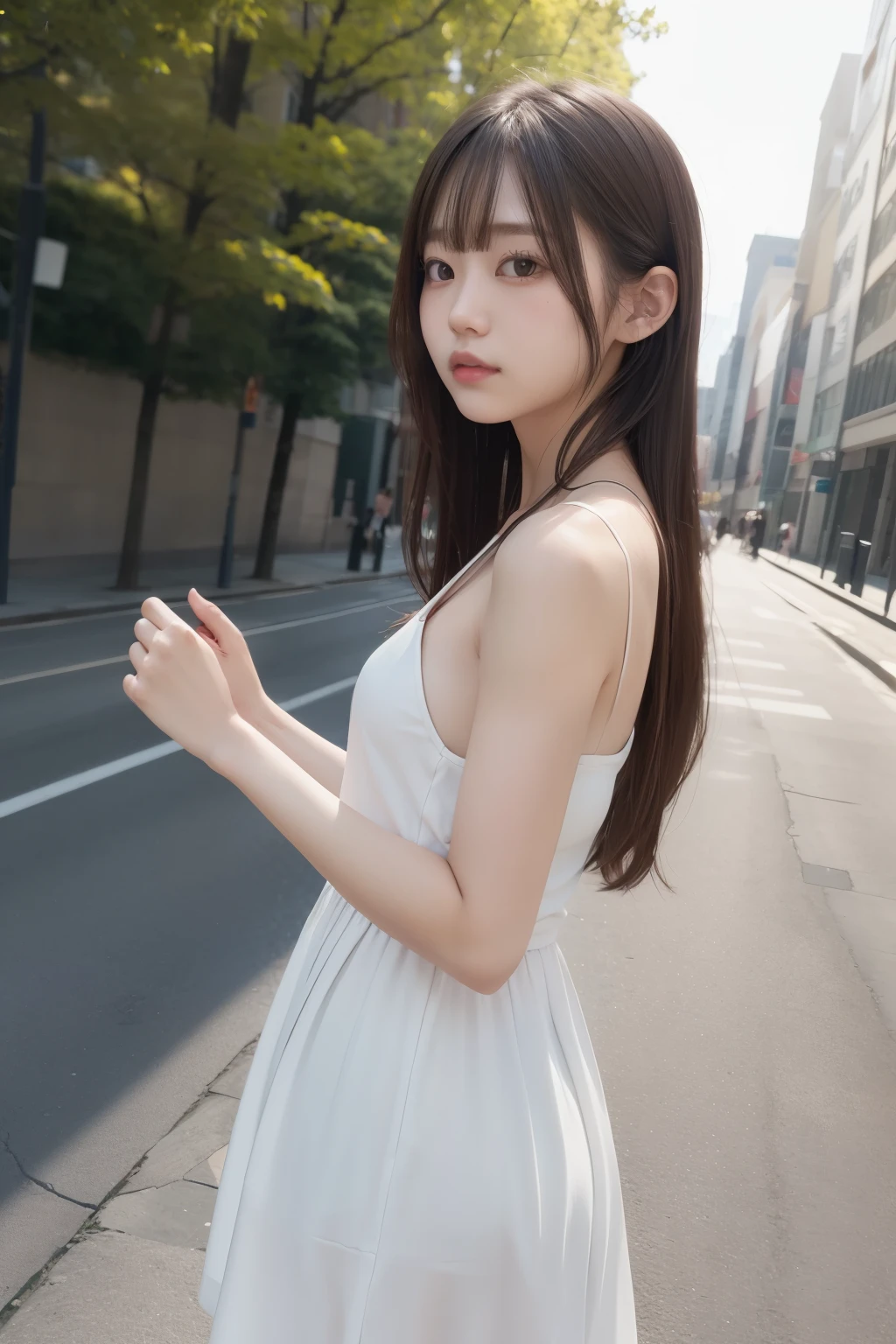 1girl,highres, high quality, masterpiece, bare shoulder, dress, breakwater, dyke, slit
