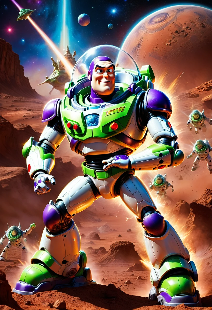 Buzz Lightyear, Action figure of buzz lightyear on mars in an epic battle with aliens shooting his laser beam, hyperrealistic, hyperdetailed, epic fantasy art, 16k resolution, polished, explosions stars and space ships in the background, bokeh, high contrast, dynamic lighting