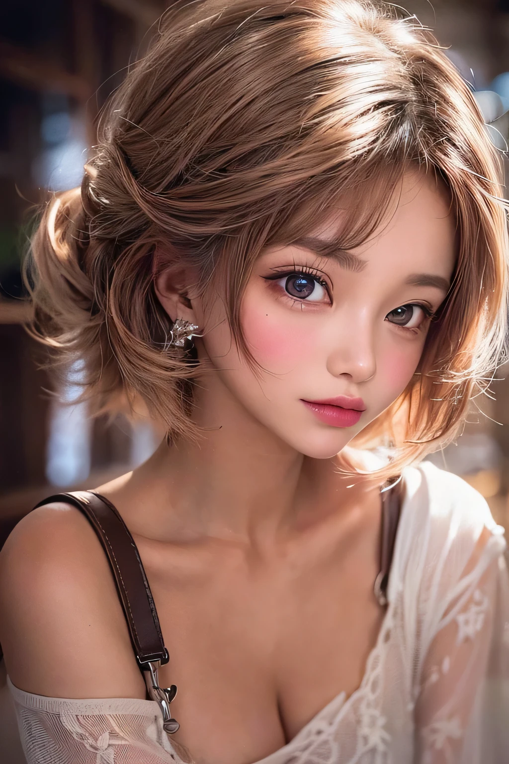 masterpiece, 1 Beautiful girl, Fine grain, highest quality, Ultra High resolution, (reality: 1.4), Cinema Lighting, Beautiful Skin, (Ultra-realistic), (High resolution), (8k), (Very detailed), ( Best illustrations), Pouting slightly, (Crystal colorful lights), Extremely refined and beautiful, beautiful detailed eyes, Round eyes, detailed facial features, (Round pupils:1.4), (alluring face), Smiling lips, (Medium breasts:1.3), A shallow smile, Open lips, (Beautiful and detailed face, Beautiful and delicate eyes), pink cheek, mascara, brown hair, short hair, off shoulder, wearing a white t-shirt and black mini skirt, (back is exposed:1.2), (Pinching off the shoulder straps.:1.2),