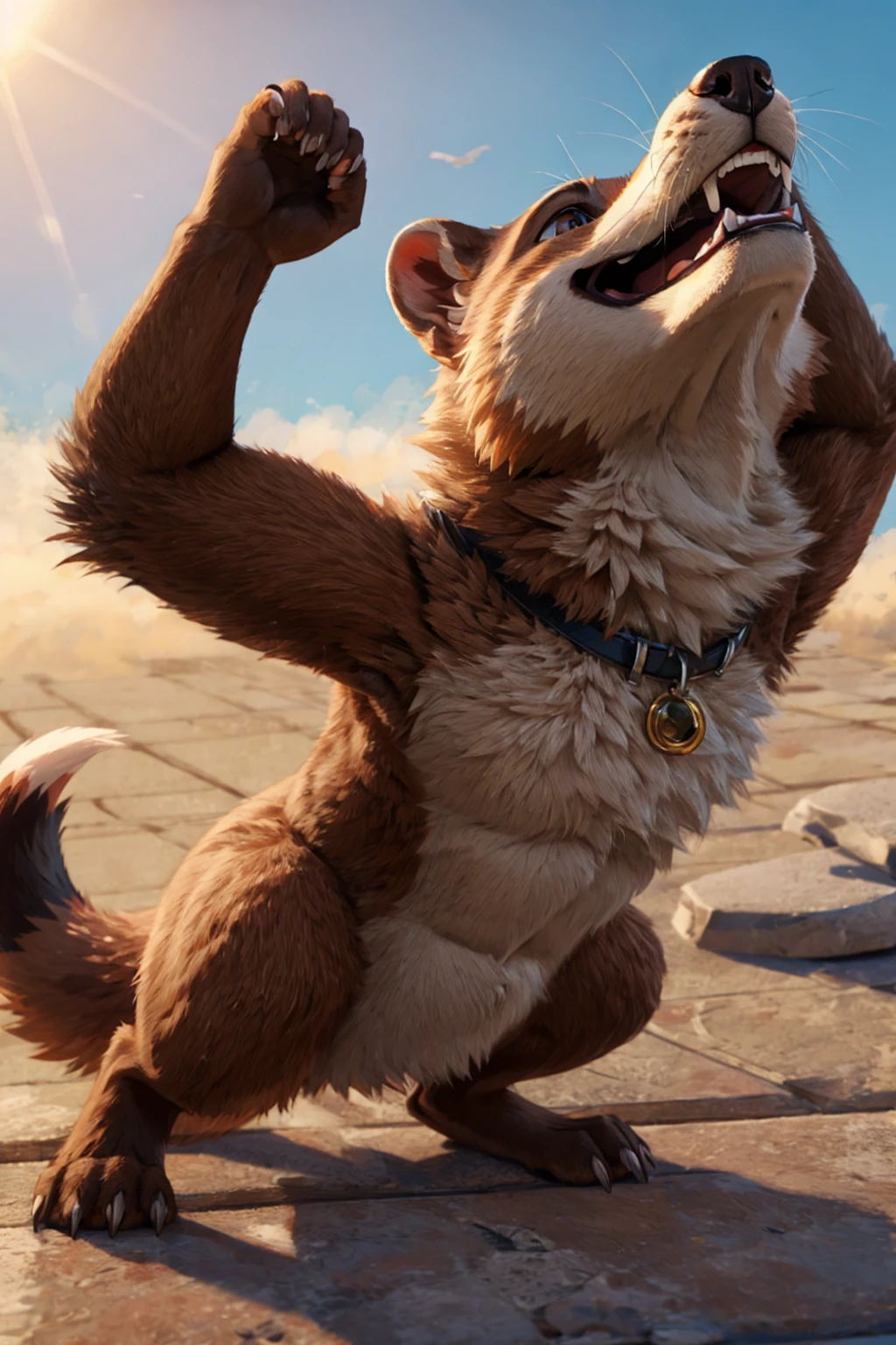 Fluffy Yellow Weasel、Fat Weasel、Obese abdomen、Itachi looking to the side、Full body weasel fur、Composition looking up from diagonally below、Barking Weasel、Concrete Background、Long body、very short legs、Sharp claws on the toes、Pose with hands raised up、Hairless head、Full body weasel fur皮、Howling pose、Upward facing face、Very long and profuse armpit hair、Weasel's Tail