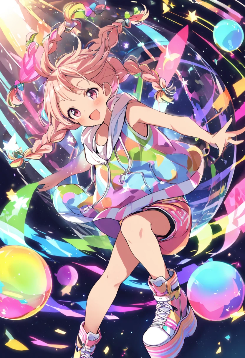 Dance,Artistic jump,break dance,Strenuous movements,vibrancy,solo,Fluttering hair,japanese Cute Baby,a small face,tween,Bright smile,half-open mouth,(glasses, twin braids),(short pants,sleeveless hoodie,platform sneakers),(delicate detailed fingers,Detailed body,detailed arms,detailed hand),(beautiful Detailed face),dynamic pose,enjoy dancing,BREAK ride on Mirror Ball Planet,