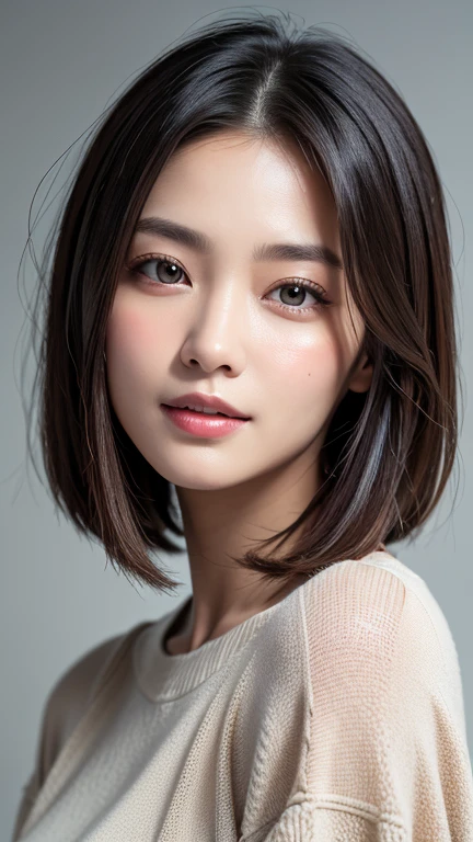 (((Close-up of face)))、(((Absolutely shoulder-length brown straight short bob)))、(((She is posing like a hair salon model, with a black wall indoors as the background.)))、(((Casual black winter long sleeves with shoulders covered)))、Half Japanese, half Korean、18 year old girl、Standing Alone、Looking forward、Light eye makeup、Brown Hair Color、Flat and 、Hair blowing in the wind、Actress Quality、Glossy, ultra-realistic face、Smiling face、Watery eyes、Gazing Up、Subtle lighting effects、 Ultra-Realistic Capture、Very detailed、High resolution 16K close up of human skin。Skin texture must be natural、The details must be such that pores can be clearly seen、The skin is healthy、Uniform tone、Use natural light and colors、A worn-out, high-quality photo taken by a model agency&#39;s in-house photographer.、smile、(((SIGMA 300 mm F/1.4,1/1000 sec shutter,ISO 400))) 