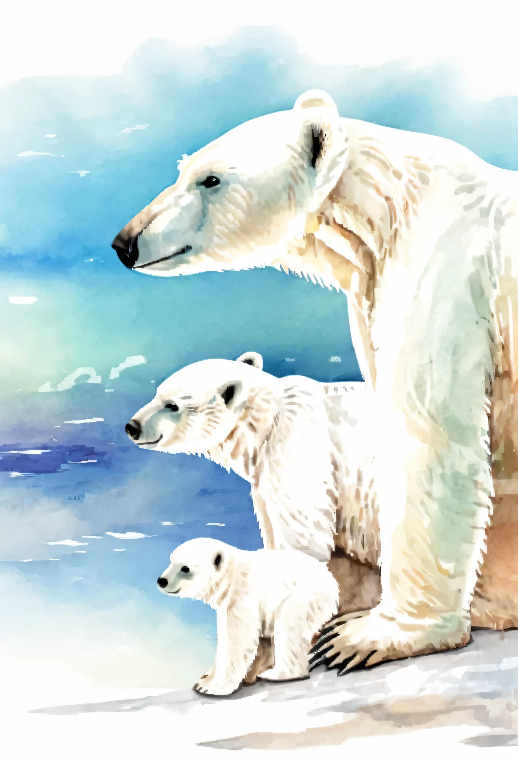 Polar bear family、Arctic ice、Very beautiful snow field、It reflects the sunlight and shines brightly、Nature、Feel the harshness of nature amidst the beauty、Masterpiece、Ultra high definition、Watercolor、