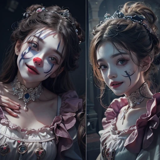 Standing in the grave、Hair flow、 ((highest quality、masterpiece、8k、Best image quality、Ultra-high resolution、Award-winning works)、(Accurate anatomy:1.1)、(Look at me and smile:1.1)、Shining fair skin with Ultra-high resolution、The most detailed face、Ultra-high resolution detailed face、Ultra-high resolutionの髪の毛、(Ultra-high resolution eye:1.1)、Beautiful face drawn in every detail、Cheerful clown costume, Chest to chest,  Strange atmosphere, Ghosts flow, Dark Light, At the cemetery, Heavy makeup 