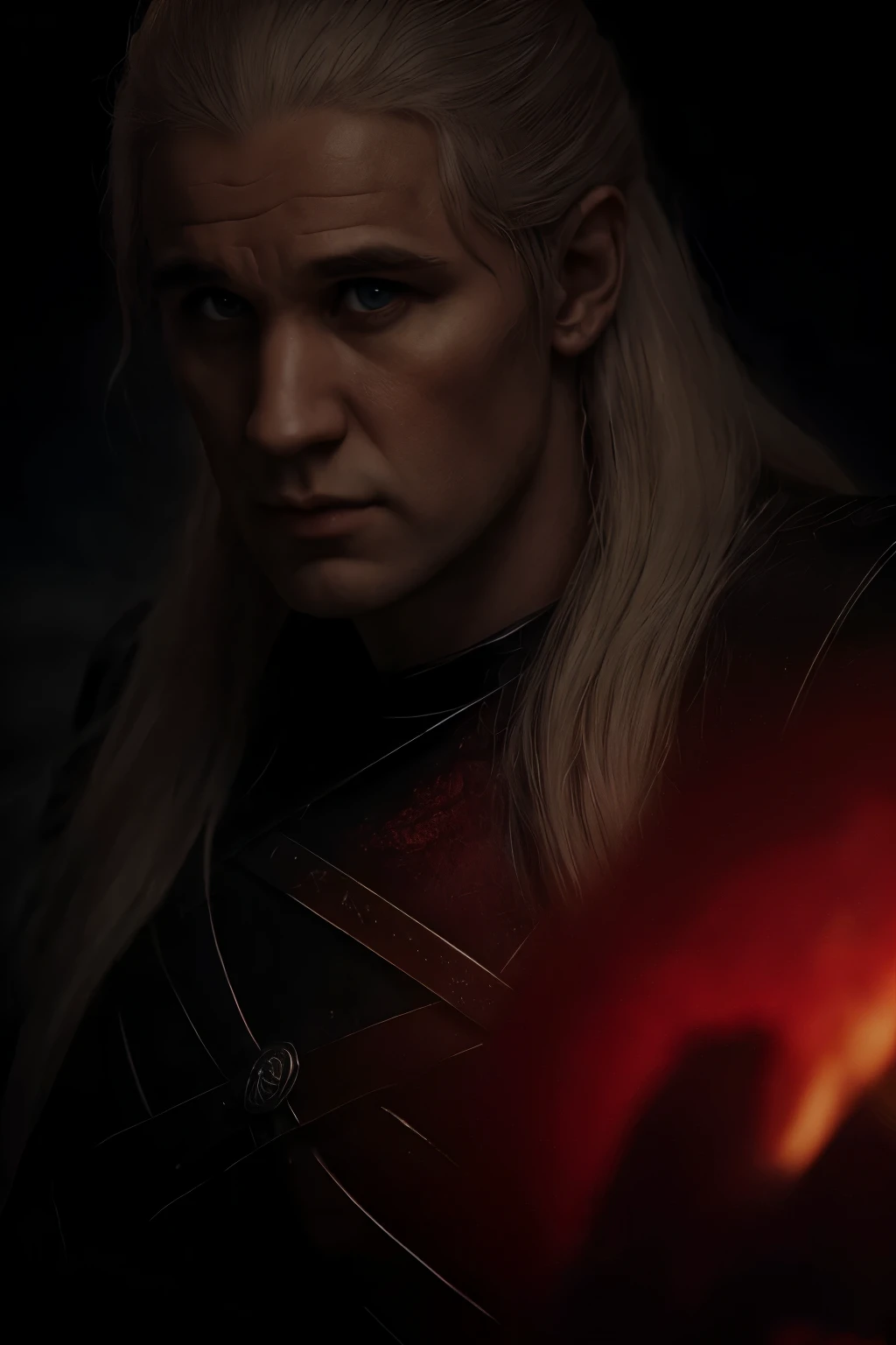 Upic Cinematic poster of Daemon Targaryen, male, silver long hair, strong jaw, concentrated eyes, crimson, ((magical falmes in background)) . Realistic, highly detailed, detailed face, intricate, vivid colors, 8k, cinematic lighting. 
 