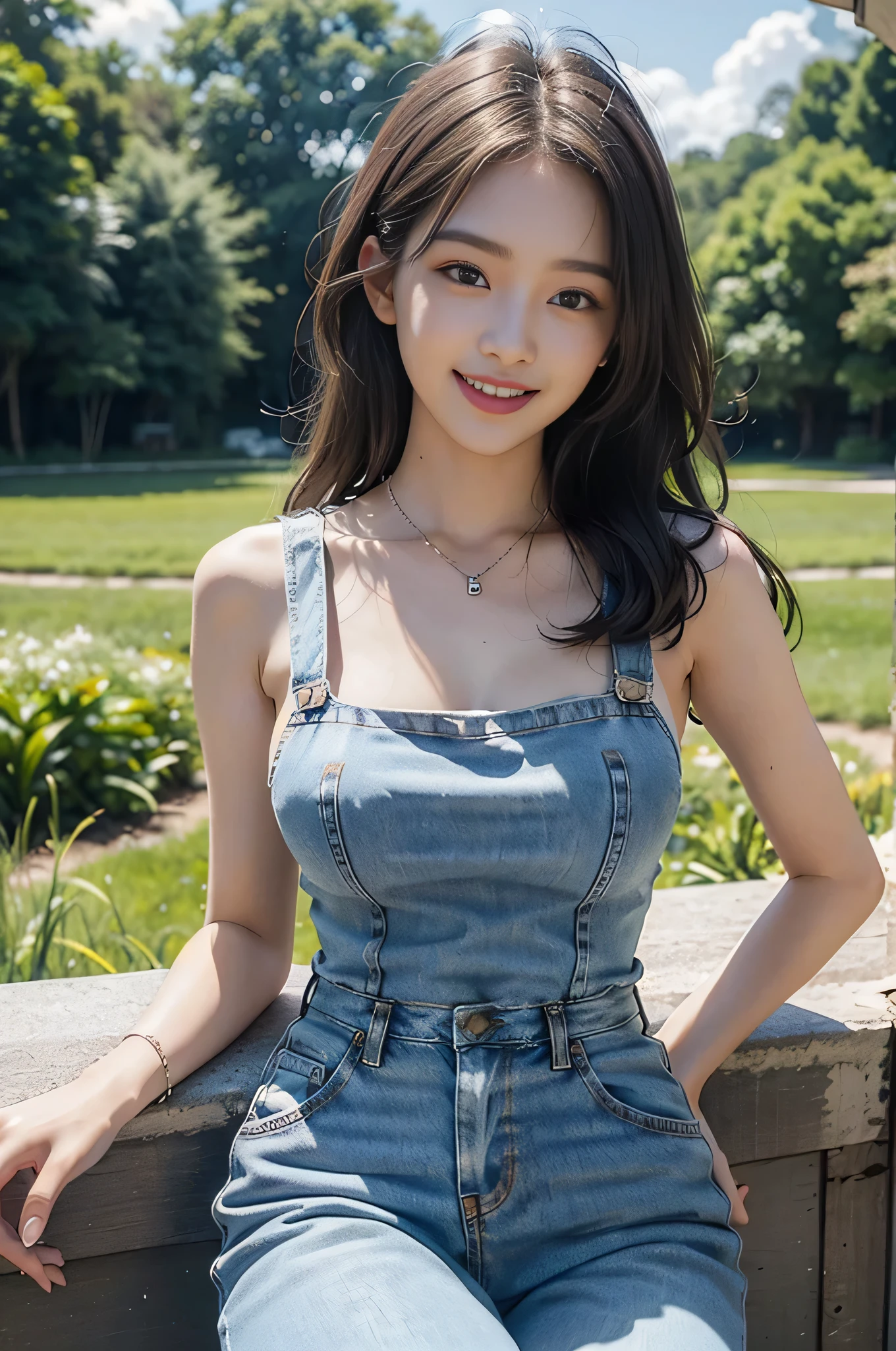 highest quality, Ultra-high resolution, masterpiece, Realistic: 1.8), pore, Accuracy, Wheat field,  Tall and wide, White clouds overhead, Denim Coverall, Ample breasts、White tank top、Silver Necklace、Pale Light, young woman, Semi-long hair、Smiling eyes、smile, Laugh out loud with your mouth open、White teeth、Spread your legs、Please stand up straight、 Detailed Description, 23 years old, cute,