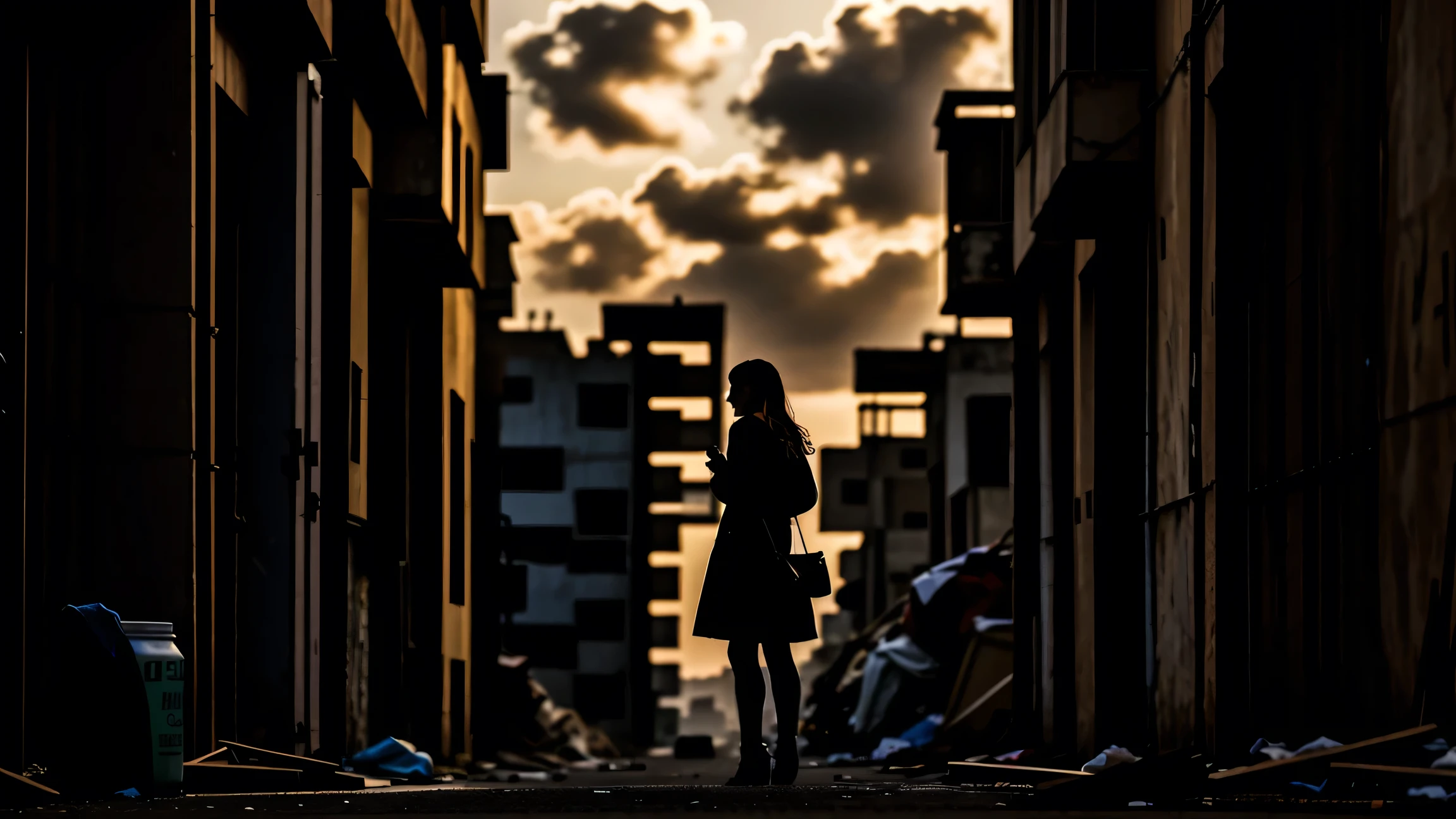 (best quality), masterpiece, extremely detailed CG uniform 8K illustration, high color, 1 girl, Stand at front, Portrait of a collapsed area in Palestine full of garbage, trash cans, garbage, junk, plastic bag, Dirty, Slum City, poverty,  Dim light, Epic, Cityscape, dawn, Clear sky, tree, railway, Cable, Dramatic, River