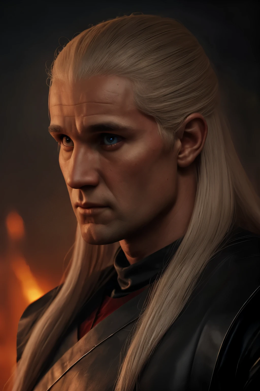 Upic Cinematic poster of Daemon Targaryen, male, silver long hair, strong jaw, concentrated eyes, crimson, ((magical falmes in background)) . Realistic, highly detailed, detailed face, intricate, vivid colors, 8k, cinematic lighting. 
 