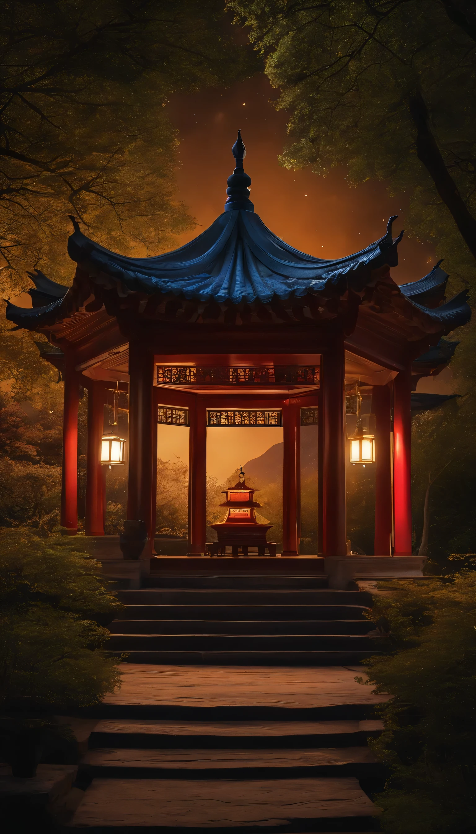 Gazebo，Sakura Noon，Kong Ming Lantern，ancient architecture，river，One Man，moon