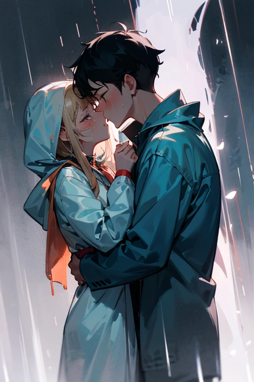 Young boy and girl, wearing raincoats (long sleeves), kissing in a thunderstorm [the girl is scared (crying)] 