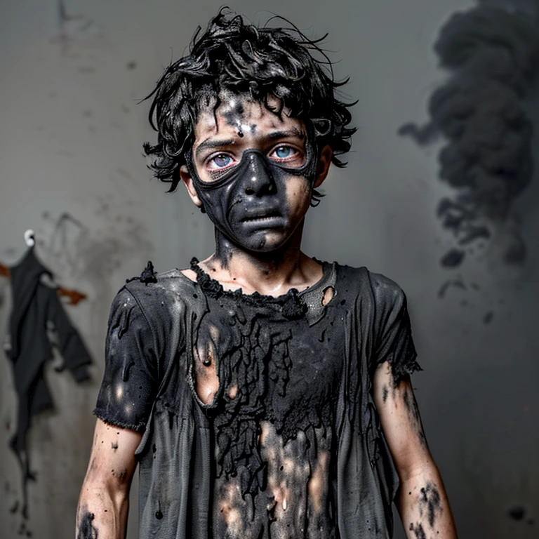 A boy covered in soot and in tatters with burnt clothes after a failed experiment