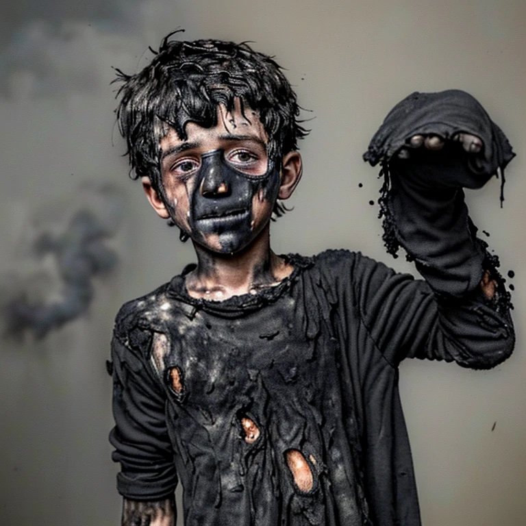 A boy covered in soot and in tatters with burnt clothes after a failed experiment