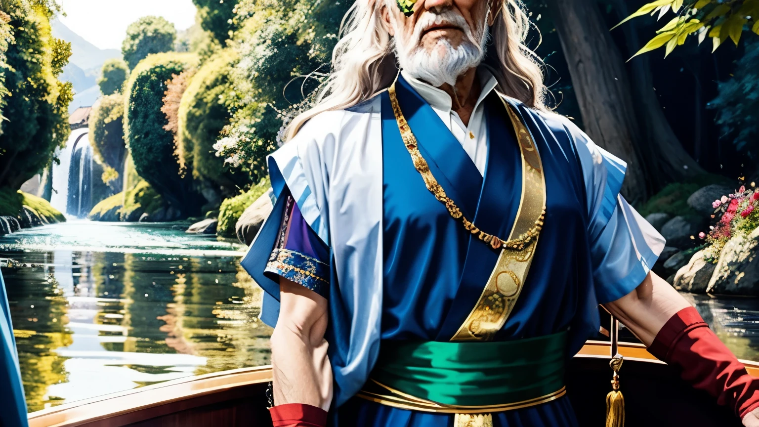 A stunning high-resolution portrait captures the harmonious union of an elderly man resembling Gandalf and a captivating Asian girl. They sit gracefully on a majestic boat gently gliding along a tranquil stream. The girl's enchanting long, flowing hair and captivating blue eyes reveal her innermost soul. She is adorned with a golden sash and exquisite clothing embellished with diamonds and gold. The elderly man, with a confident demeanor and strong Greek presence, stands beside her, wearing a long, flowing fabric shirt that accentuates his robust and tall stature. Their natural beauty, grace, and serene elegance radiate from them, as the warm golden glow of the afternoon sun envelops the scene, creating an enchanting atmosphere that transcends time and space.