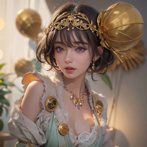 (masterpiece:1.3), (8k, Realistic, RAW Photos, Best image quality: 1.4), Fair-skinned fairy woman、short hair、Cleavage:2.0、Highly detailed face、Attention to detail、double eyelid、Sharp focus:1.2、Beautiful woman:1.4、highest quality、masterpiece、Ultra-high resolution、(Realistic:1.4)、Highly detailed and professionally lit smiles、カーネ・グリフィスを彷彿andさせる非常に詳細な線画, (Donald Trump&#39;clown:1.7), (balloon:1.4), With the power of Vadim Kassim&#39;大胆な色彩and質感, Light and airy, Like the works of Carl Larsson, dark background, dark, evil, fire, パスカル・ブランシュ風の超Realisticなキャラクター, pastel, Grace, Draandic lighting, Expressive camera angles, and, Concept Art, amusement park, masterpiece