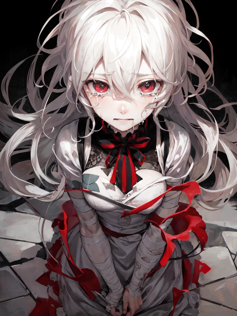 komaeda_nagito,1boy, alone,crying,wrapped in bandages all over the body,expose some skin,extremely detailed,teary eyes,soaked lashes,emotional expression,intense sadness,dripping tears,rosy cheeks,crazy eyes,crazy smile,mental illness,true-to-life textures,highly refined details,perfect anatomical structure,vibrant hues,artistic composition,breathtaking realism,masterful craftsmanship,highly emotional scene,silent sorrow,in a mental asylum, dim lighting,red blood,blood splatter, horror, creepy,moisture in the air, stark contrast,moody ambiance,precise contours,striking emotion,touching portrayal,painstaking attention to detail,aesthetically pleasing,heart-wrenching,deeply moving artistry