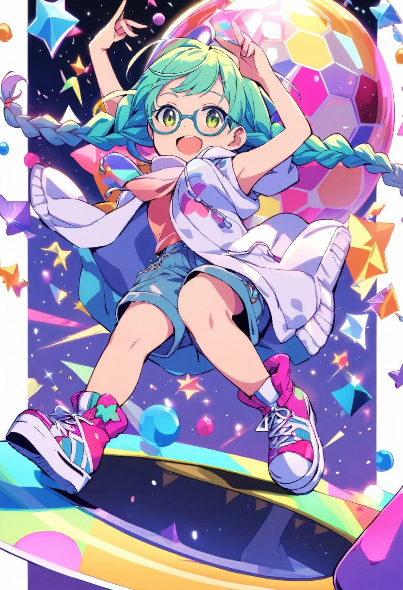 Dance,Artistic jump,break dance,Strenuous movements,vibrancy,solo,Fluttering hair,japanese Cute Baby,a small face,tween,Bright smile,half-open mouth,(glasses, twin braids),(short pants,sleeveless hoodie,platform sneakers),(beautiful Detailed face),dynamic pose,enjoy dancing,BREAK ride on Mirror Ball Planet,