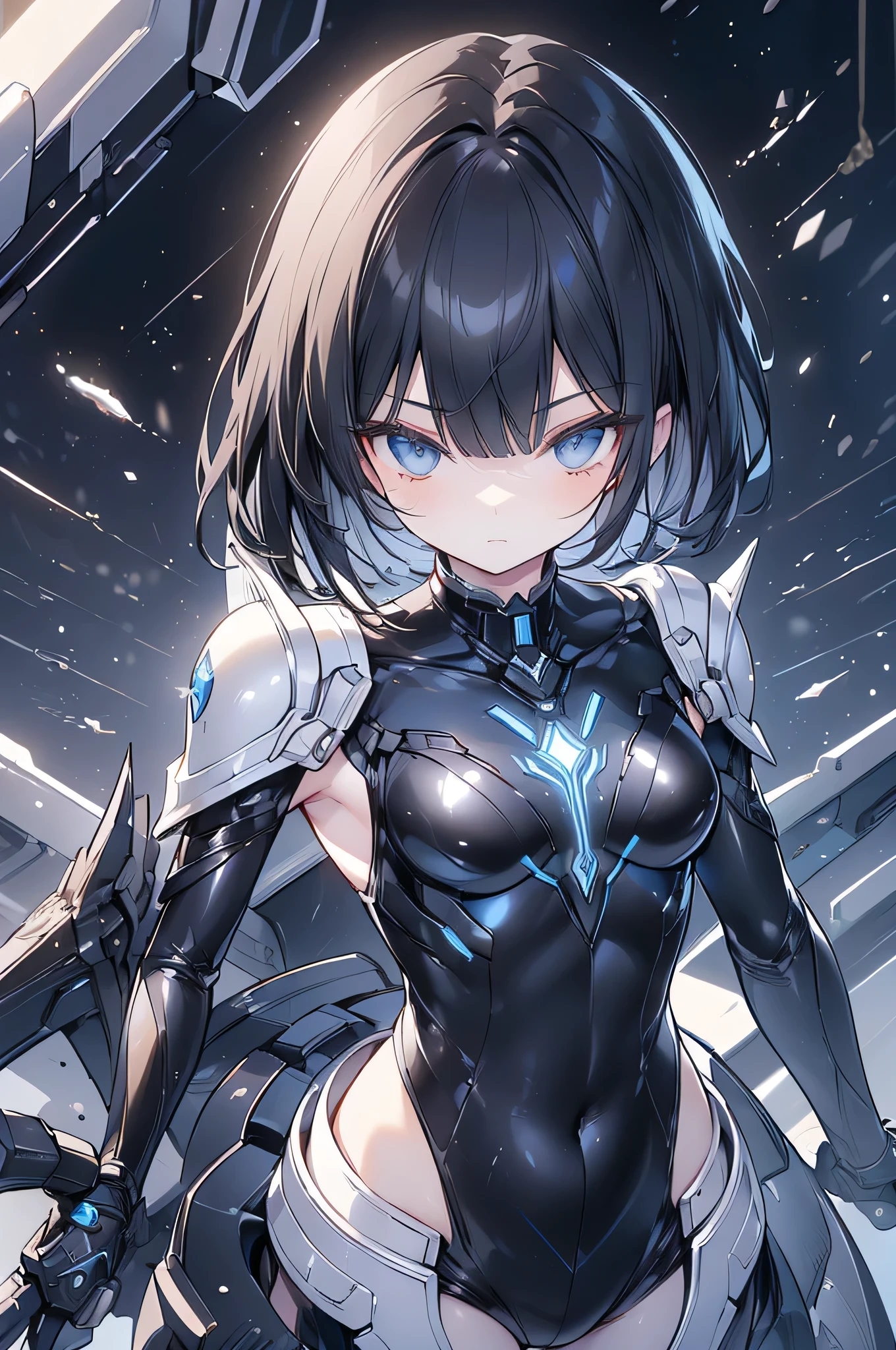 (((highest quality))),figure, wallpaper, (((Super detailed))),(Detailed limbs),Detailed face,(One Girl),medium height、Short black hair、Sharp Eyes,((Black and silver as the base、He wears a powered suit with blue accent lines.)),Wear light gear over your uniform,medium height、Toned figure, Short black hair、Bangs should not cover the eyes, Sharp Eyes、Eye color is dark brown,Details of the light skin-colored powered suit(Slim and functional design、(It is designed with an emphasis on ease of movement),Detachable full-face helmet、Comes with a clear visor,There are plates on the chest and back.、(Has protectors on shoulders and elbows),Fine mechanical details are featured throughout the arm.、Energy blades built into the wrists,(It is equipped with a small jet engine))