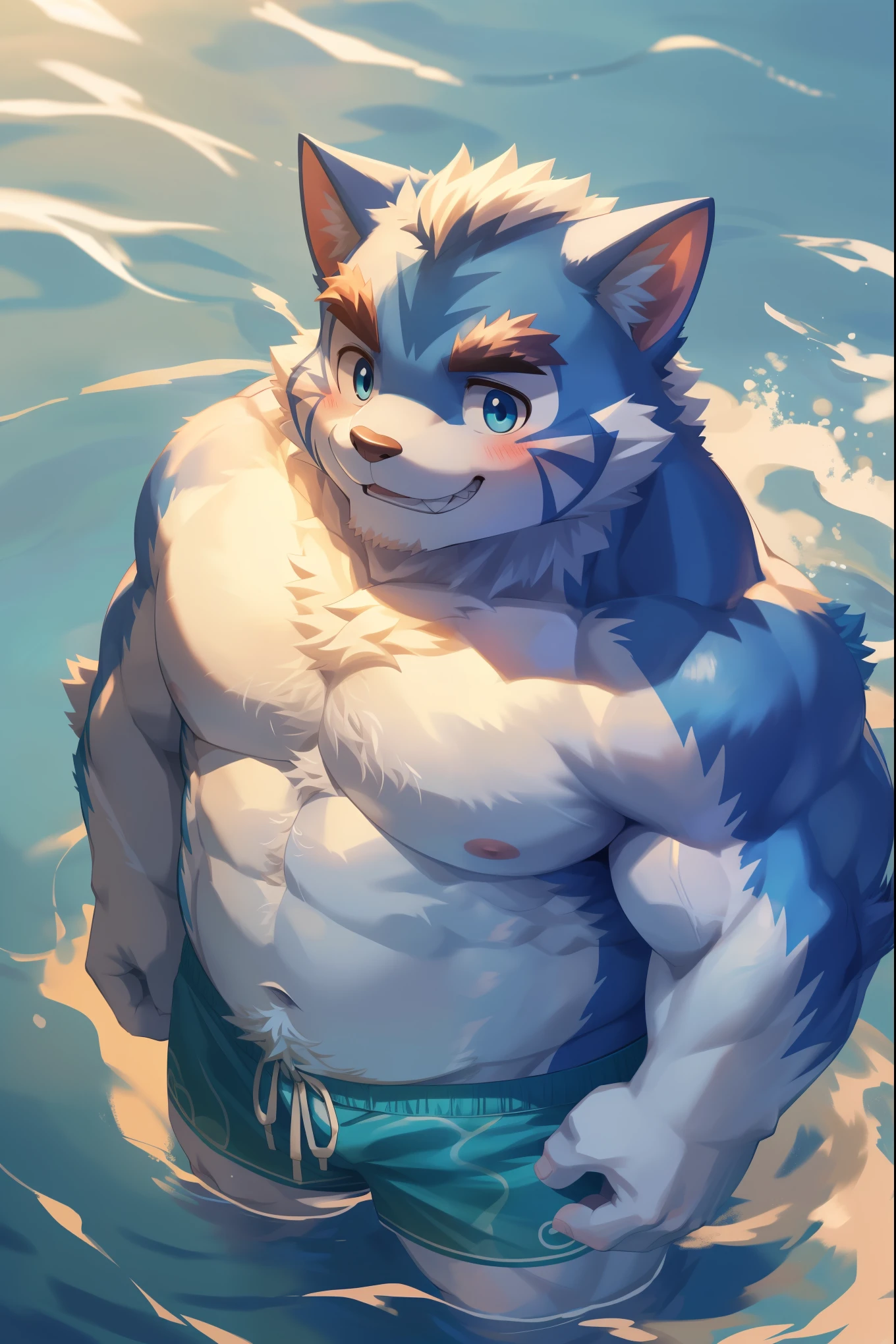 Solitary, anthropology, hairy, hairy male, Blue Cat, ((Fluffy fur, Fluffy, hairy body)), (cat print), (Thick eyebrows), youth, muscular, Light blue skin, White big muscle, Blue pupils, de-tailed teeth, defaced face, Fundos, swimmer, Teal swimming trunks, pink tit clusters, Dipping in the lake, Small bump, Raise your hands, (sideways:1.5), Shy expression, A faint smile, blush, (Turn your head to look at the audience), Clear facial features, Strong, (Top view:1.4), majestic, solitary, Full body image, Fog atmosphere, early morning, Tyndall rays, duckweed, Small fish, (through empty ghost, From cat20, masterpiece, high quality, high resolution,8k), permanent, Bust, (Vision), lake