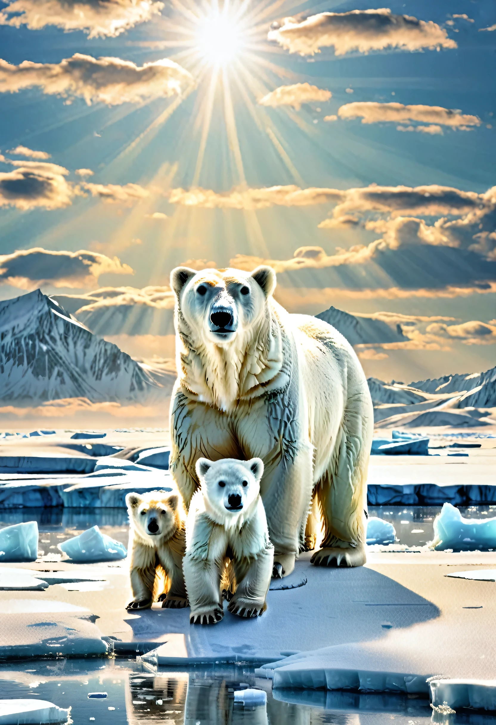 Polar bear family、Arctic ice、Very beautiful snow field、It reflects the sunlight and shines brightly、Nature、Feel the harshness of nature amidst the beauty、Masterpiece、Ultra high definition、Watercoce style、