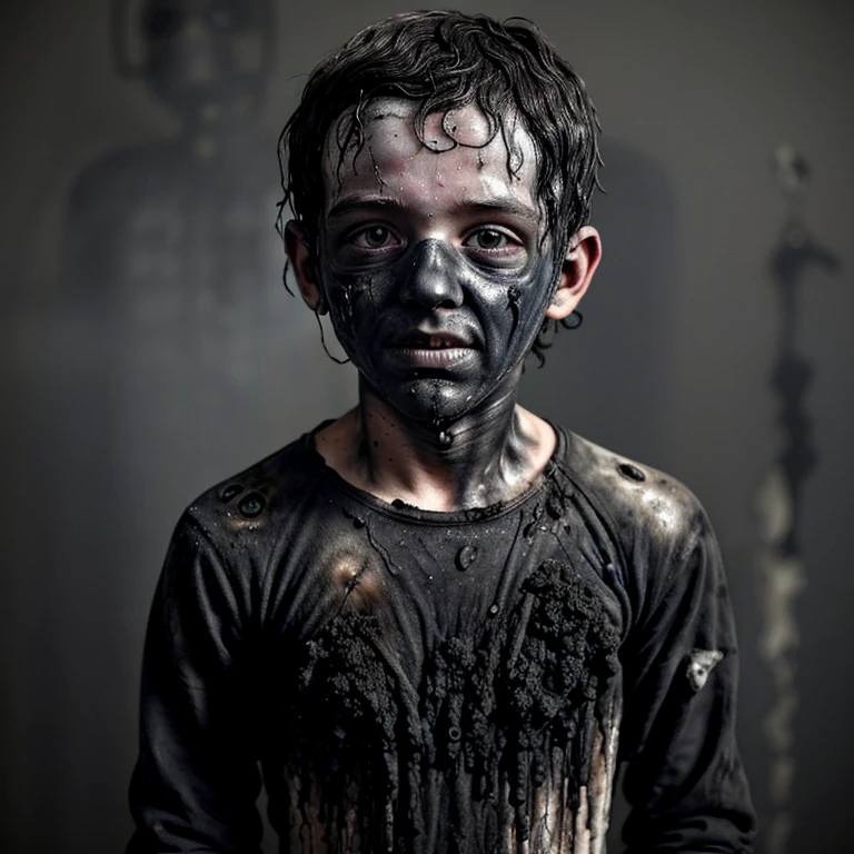 A boy covered in soot and in tatters with burnt clothes after a failed experiment