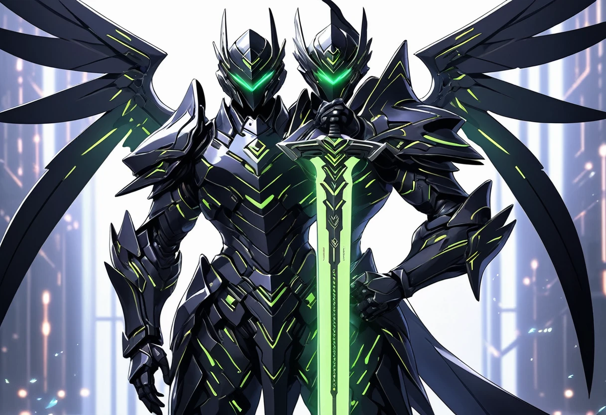 1 person. male, Solitary, Wearing black technological armor, Holding a glowing technological weapon in front of him, Holding a glowing tech sword, wing, simple glowing background , HD, masterpiece, best quality, Ultra Detailed, Super detailed,