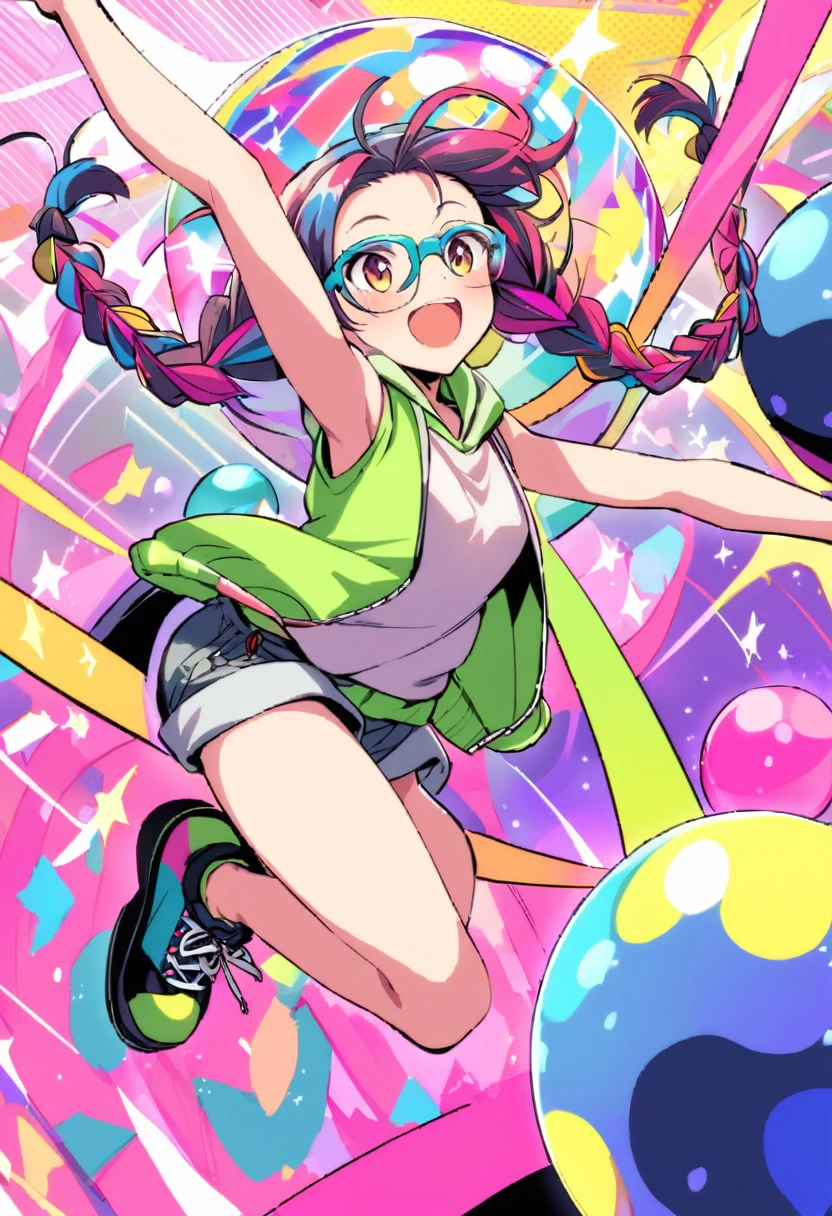 Dance,Artistic jump,break dance,Strenuous movements,vibrancy,solo,Fluttering hair,japanese Cute Baby,a small face,tween,Bright smile,half-open mouth,(glasses, twin braids),(short pants,sleeveless hoodie,platform sneakers),(beautiful Detailed face),dynamic pose,enjoy dancing,BREAK ride on Mirror Ball Planet,