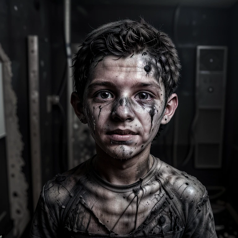 Selfie of a boy covered in soot and in tatters after an explosion during a failed experiment