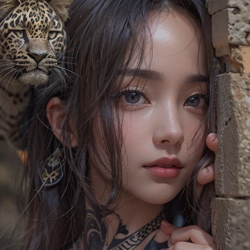 Hiding in the desert、Hair flow、 ((highest quality、masterpiece、8k、Best image quality、Ultra-high resolution、Award-winning works)、(Accurate anatomy:1.1)、(Look at me and smile:1.1)、Shining fair skin with Ultra-high resolution、The most detailed face、Ultra-high resolution detailed face、Ultra-high resolution hair、(Ultra-high resolutionのeyes :1.1)、Beautiful face drawn in every detail、(Blurred Background:1.1)、Ancient Islamic clothing, Chest to chest, tattoo, Old ruins in the background、Black leopard 