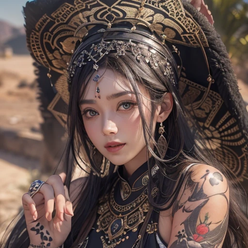 Hiding in the desert、Hair flow、 ((highest quality、masterpiece、8k、Best image quality、Ultra-high resolution、Award-winning works)、(Accurate anatomy:1.1)、(Look at me and smile:1.1)、Shining fair skin with Ultra-high resolution、The most detailed face、Ultra-high resolution detailed face、Ultra-high resolution hair、(Ultra-high resolutionのeyes :1.1)、Beautiful face drawn in every detail、(Blurred Background:1.1)、Ancient Islamic clothing, Chest to chest, tattoo, Old ruins in the background、Black leopard 