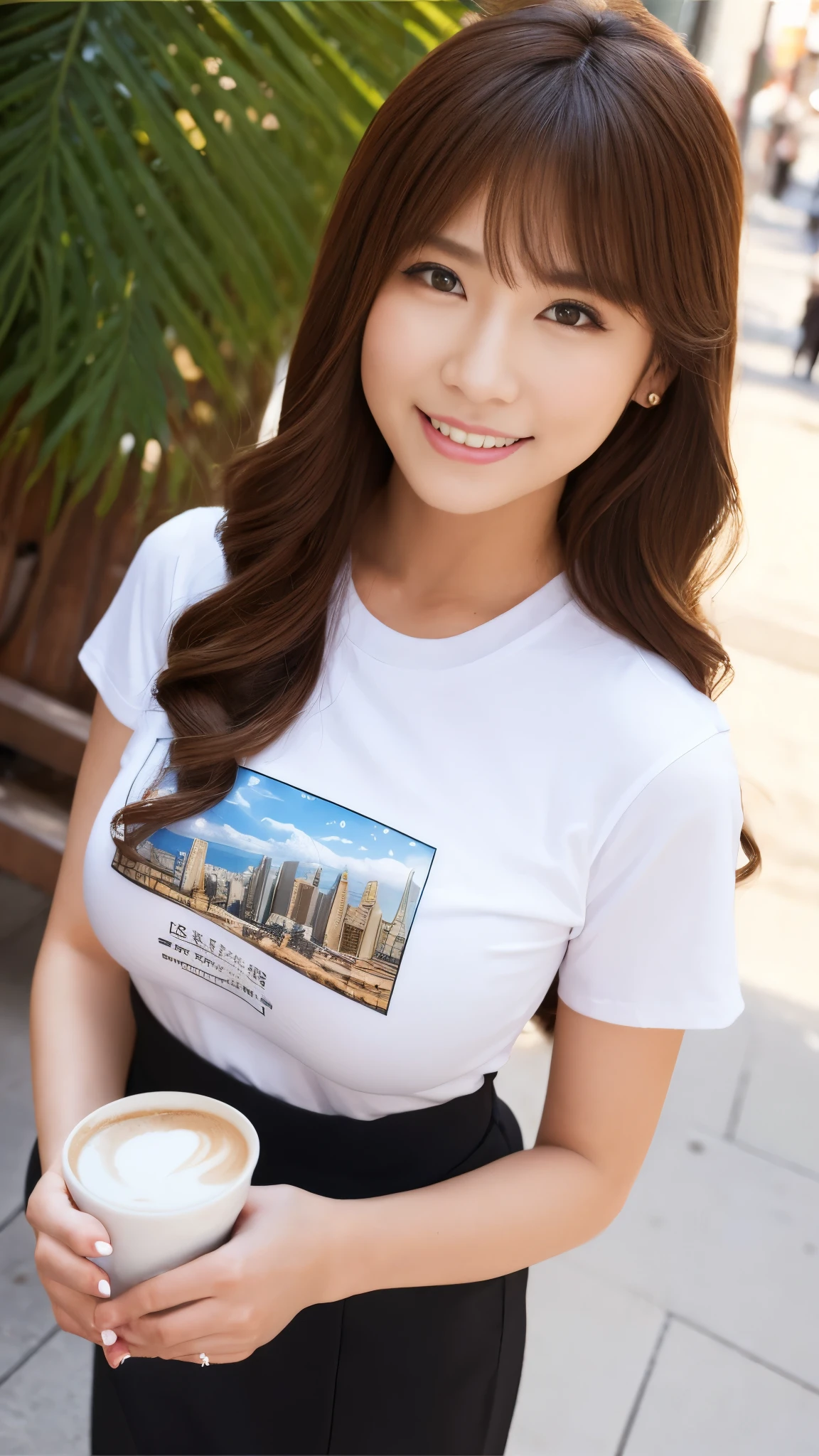 Bright outdoors、Walking around town、((​masterpiece))、((top-quality))、a picture、Realisticity、high-level image quality、Advanced depth of field、ultra-detailliert、Realistic lighting、((white tight t-shirt with new york printed on it)),black skirt))、((Close to close、Right in front of you))、married woman、in her 20s、Delicate facial features、long wave-brownhair、ponytail、Realistic backgrounds and accessories、large full breasts、valley、Plump body、Sexy smile、Serious gaze、from above、Have a cup of coffee in a paper cup