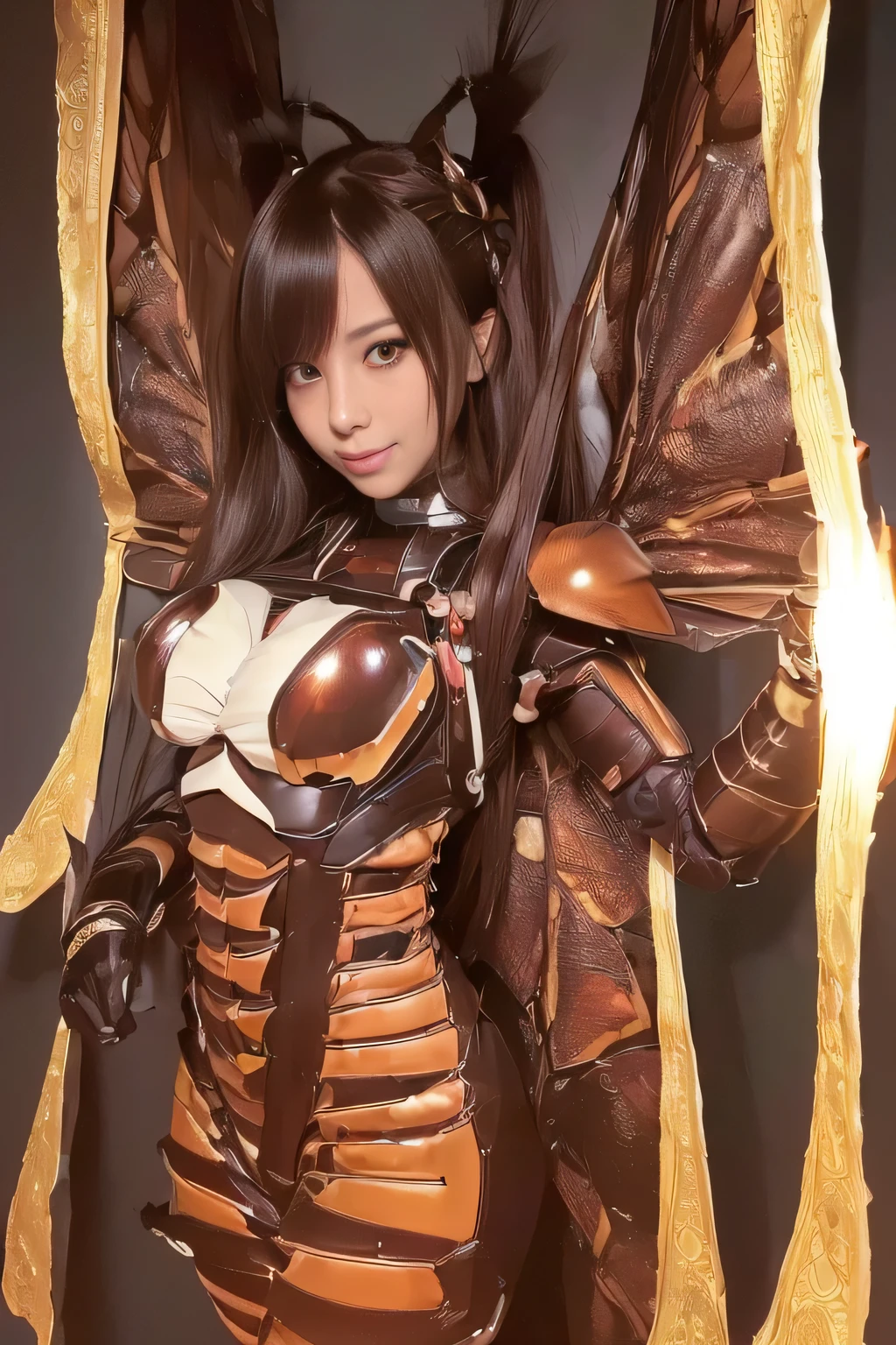 (High resolution,masterpiece,highest quality,Very detailed CG, anime, official art:1.4), realistic, photograph, amazing detail, everything is complicated, shiny and glossy,Amazing number of layers, 8K wallpaper, 3D, sketch, cute, figure,( alone:1.4), perfect female proportions,villain's daughter, (Fusion of dark brown cockroach and lady:1.4), (brown cockroach woman:1.2), (brown cockroach woman:1.2), (Fusion:1.2), (alone:1.4), (evil smile:1.2), muscular, abs, (Cockroach brown exoskeleton bio insect suit:1.4), (Cockroach brown exoskeleton bio insect armor:1.2), (brown transparent cockroach feathers:1.4), (Antennae of brown cockroaches:1.3),