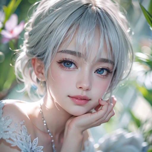 (masterpiece:1.3), (8k, Realistic, RAW Photos, Best image quality: 1.4), Fair-skinned fairy woman、short hair、Cleavage:2.0、Highly detailed face、Attention to detail、double eyelid、Sharp focus:1.2、Beautiful woman:1.4、Silvery white hair、highest quality、masterpiece、Ultra-high resolution、(Realistic:1.4)、Highly detailed and professionally lit smiles、Loose, Light,Japanese high 、 one person、whole body, I eat breakfast