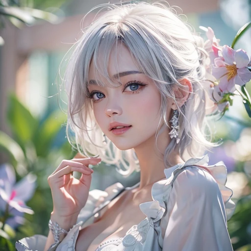 (masterpiece:1.3), (8k, Realistic, RAW Photos, Best image quality: 1.4), Fair-skinned fairy woman、short hair、Cleavage:2.0、Highly detailed face、Attention to detail、double eyelid、Sharp focus:1.2、Beautiful woman:1.4、Silvery white hair、highest quality、masterpiece、Ultra-high resolution、(Realistic:1.4)、Highly detailed and professionally lit smiles、Loose, Light,Japanese high 、 one person、whole body, I eat breakfast