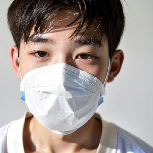 good looking10A boy of about 18 years old is suffering from an infectious disease.、Appearance of suffering. He is wearing a white mask. He has a high fever. he is sleeping. He has a cough. He is exhausted. He is taking his temperature with a thermometer. He is dying. He is cooling his forehead with a cooling gel sheet..