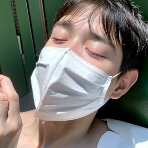 good looking10A boy of about 18 years old is suffering from an infectious disease.、Appearance of suffering. He is wearing a white mask. He has a high fever. he is sleeping. He has a cough. He is exhausted. He is taking his temperature with a thermometer. He is dying. He is cooling his forehead with a cooling gel sheet..