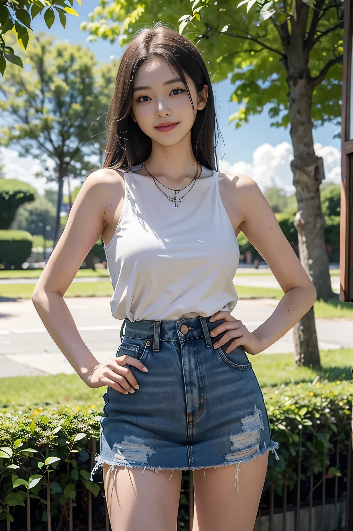 (top-quality、8K、masterpiece:1.3)、Beautiful Women in Perfect Figure:1.4、dark brown hair、Medium Hair、Wavy Hair、Denim shorts、white viking stretch、in a garden、extremely detailed face and skin、A detailed eye、二重まぶた、NSFW、Toned body、A smile