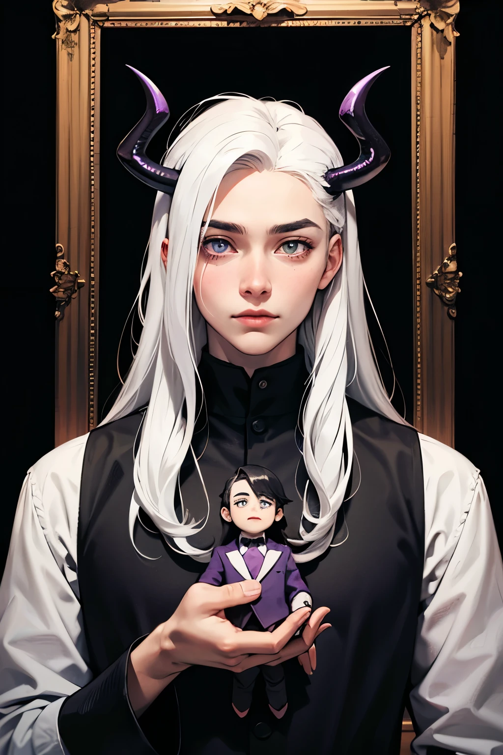 Being a puppet, male, feminine male, teen adult, cute, handsome, white hair, purple pupils, long hair, wolf cut hair style, wear modern day clothes, black and white costume colored, human size, string attach, demonic hand puppeteering the character, mandara cloud as portrait frame