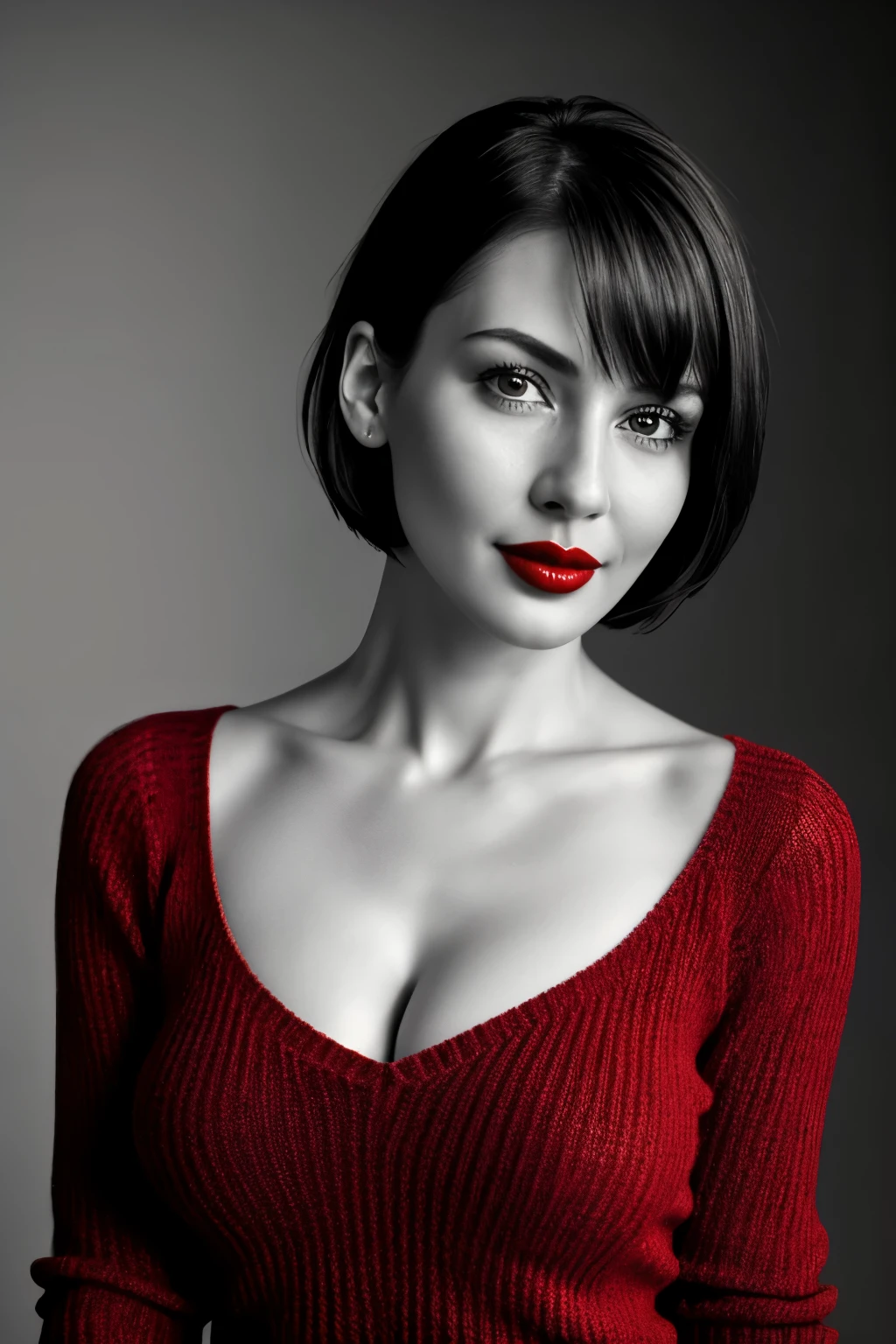 Tabletop, highest quality, Photorealistic, Very detailed, finely, High resolution, 8k wallpaper, RAW Photos, Professional, High level of detail, 1 girl, (((Black and white photography))), (((Red lips))), ((Looking at the camera)), (Look forward), Upper Body, short hair, Bob Hair, (Straight Hair), Shapely breasts, Cleavage, V-neck light knit sweater