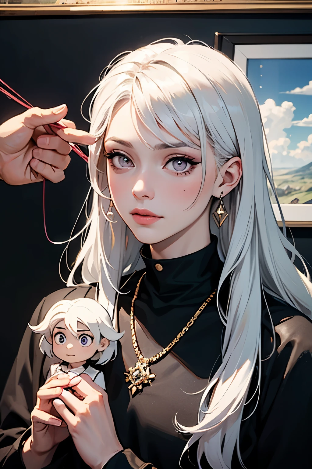 Being a puppet, male, feminine male, , cute, handsome, white hair, purple pupils, long hair, wolf cut hair style, wear modern day clothes, black and white costume colored, human size, string attach, demonic hand puppeteering the character, mandara cloud as portrait frame