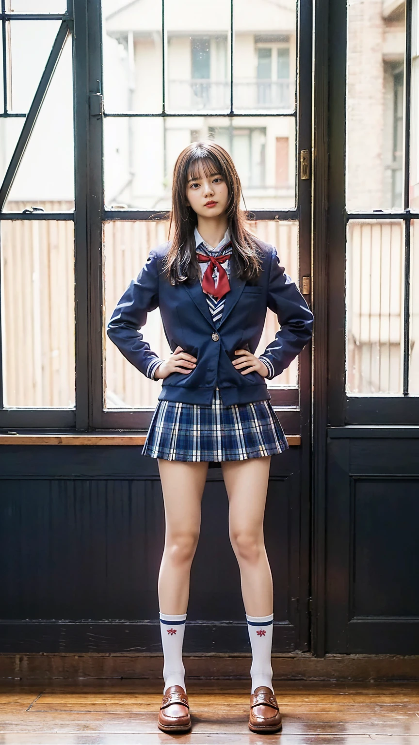 (8k、RAW Photos、highest quality、masterpiece:1.2)、(Realistic、Realistic)、1 girl、((Schoolgirl uniform、Red blazer、Check mini skirt、Navy blue socks、loafers、Chest ribbon、Standing with hands on hips))、Lots of eyelashes、Glowing eyelids、skeletally correct