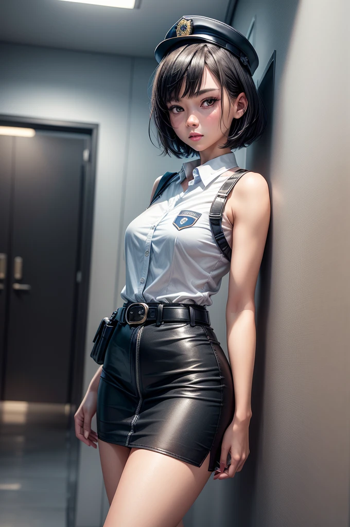 (masterpiece, best quality), 1girl, black hair, short hair, bangs, slim, (wide hips, thick thighs), looking at viewer, bound arms, arms behind back, , ropes, (dress shirt, tie, pencil skirt), (masterpiece), (best quality:1.2), absurdres, intricate details