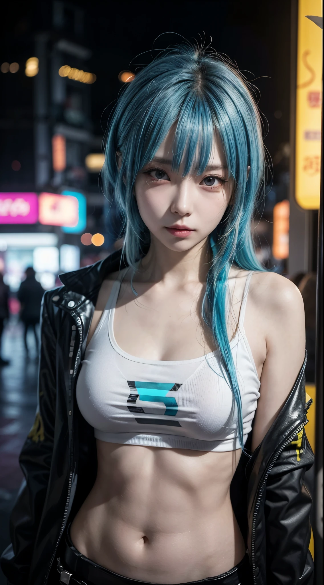 there is a woman with a blue hair and a white top, anime girl cosplay, inspired by Leng Mei, photo of slim girl model, anime girl in real life, seductive anime girl, cyberpunk 2 0 y. o model girl, chinese girl, female cyberpunk anime girl, photo of slim girl, beautiful cyberpunk woman model, anime cosplay, cosplay photo, cosplay