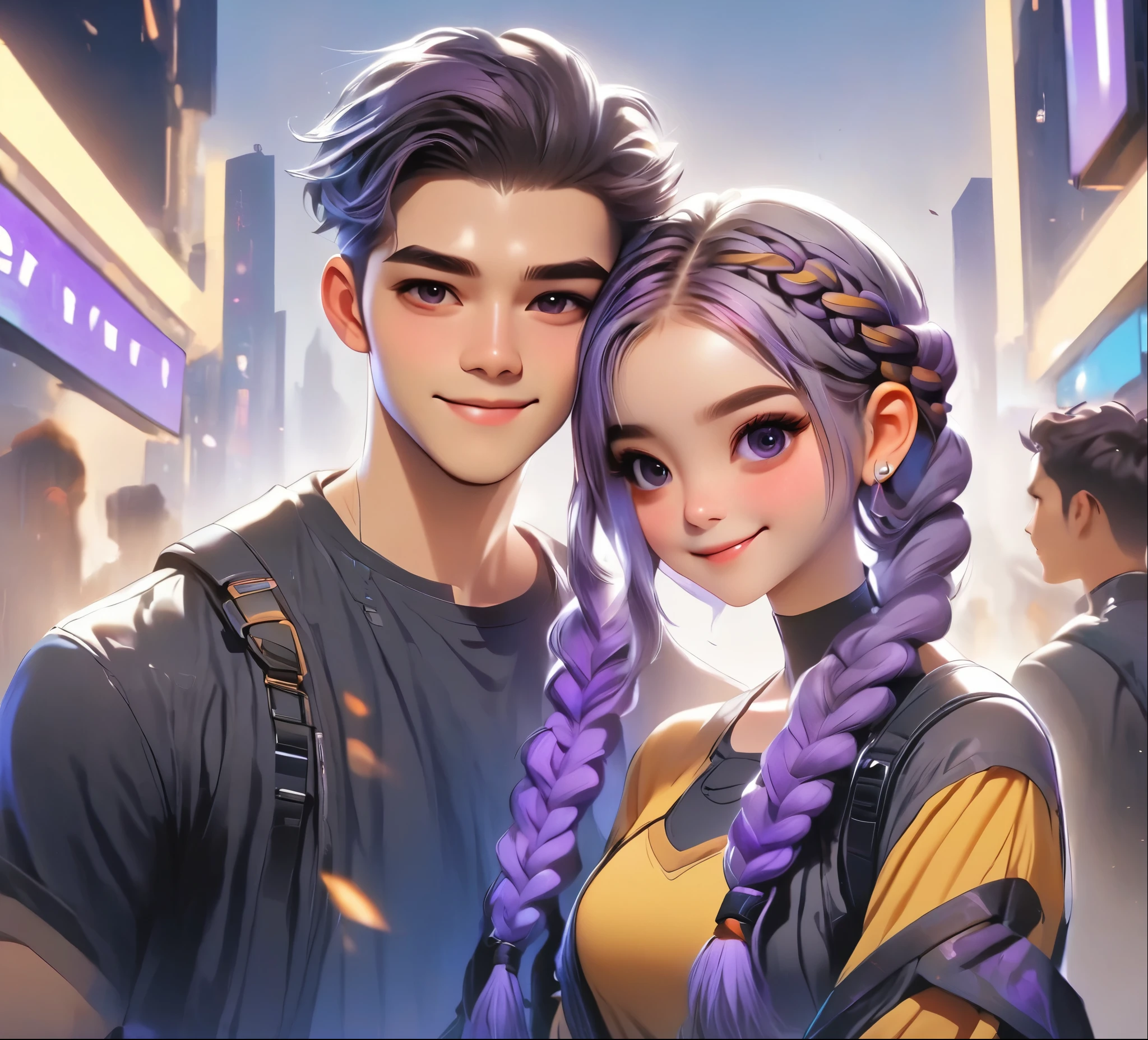 1 boy,Girl with purple and white gradient double braids,romantic couple,Smiling Face,as thick as thieves,Background blur,high quality,Artistic sense,cinematic atmosphere,Luxury lighting