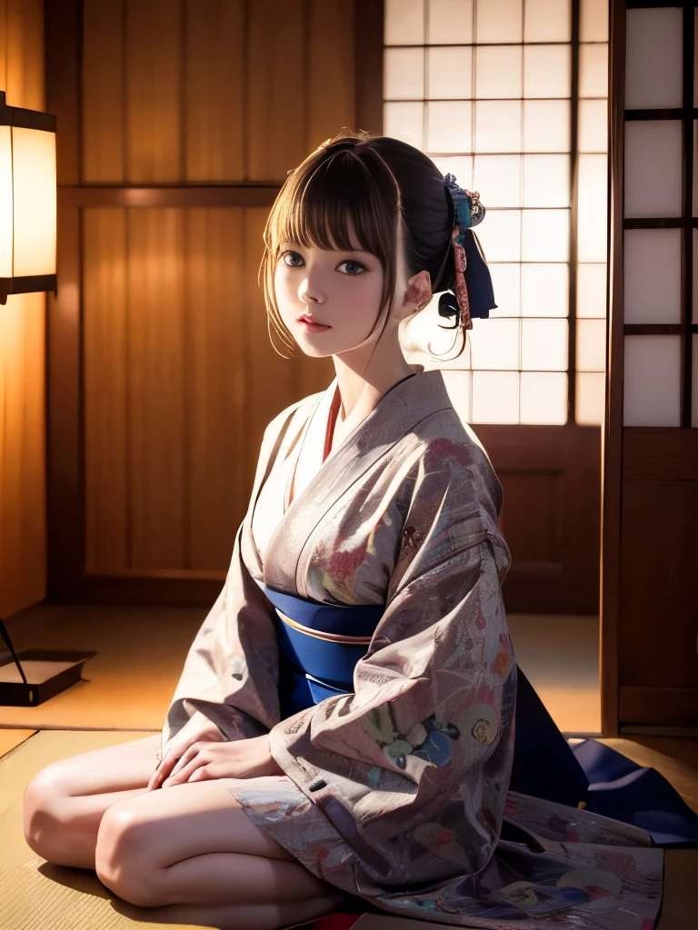 highest quality,masterpiece,Highest Resolution:1.2,Realistic:1.5、 One girl、Beautiful and perfect face,Bobcut,Japanese Clothing,kimono, Intricate details、In a Japanese house、Cinematic presentation,8k,The best shade,Depth of written boundary,Very detailed、