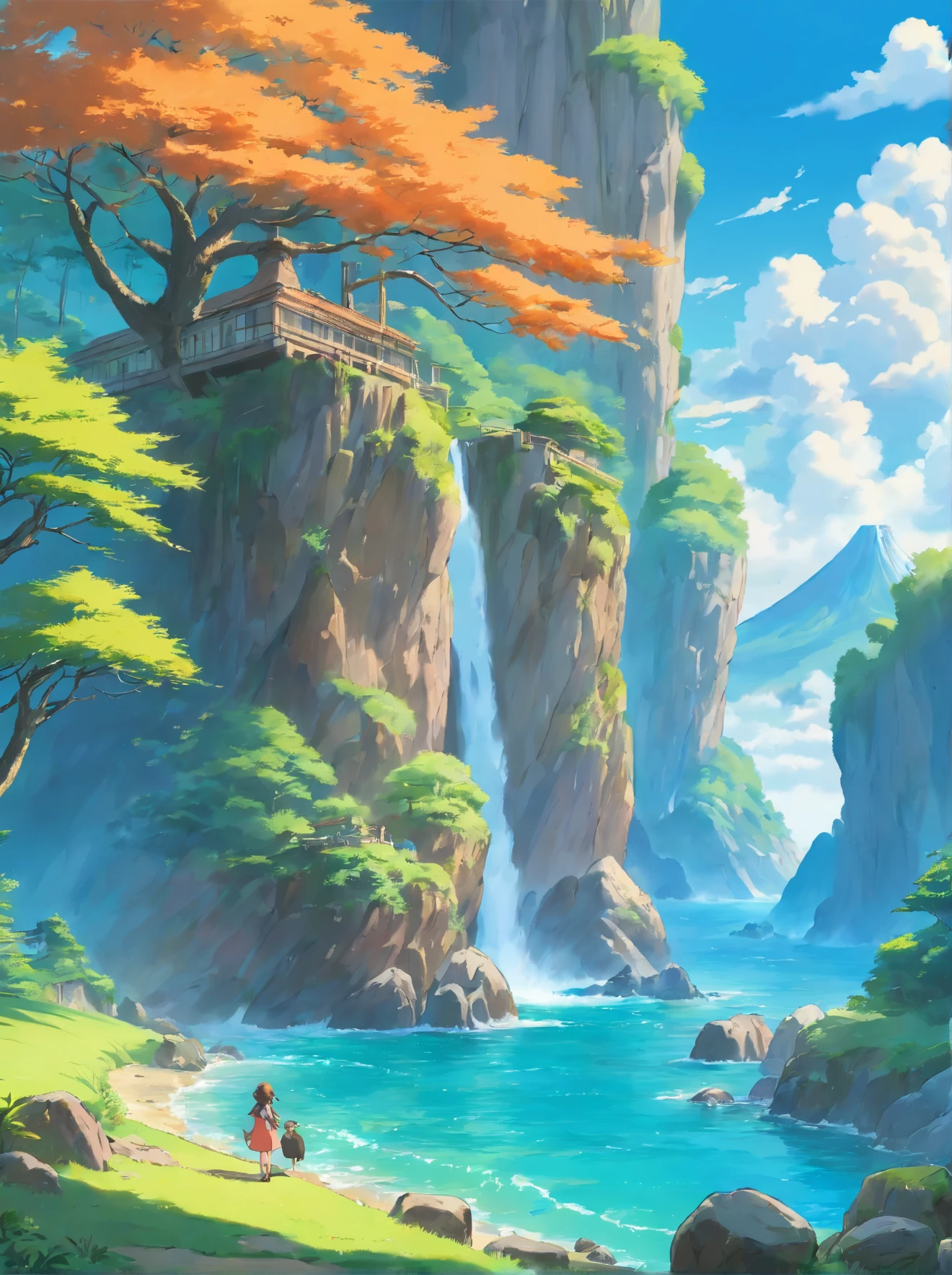 ({{highres,}},masterpiece,ultra-detailed,best quality,8k)cloud, sky, scenery, day, blue_sky, mountain, cloudy_sky, outdoors, waterfall, fantasy, horizon, cliff, rock, water, landscape, mountainous_horizon, ocean, tree, river, floating_island