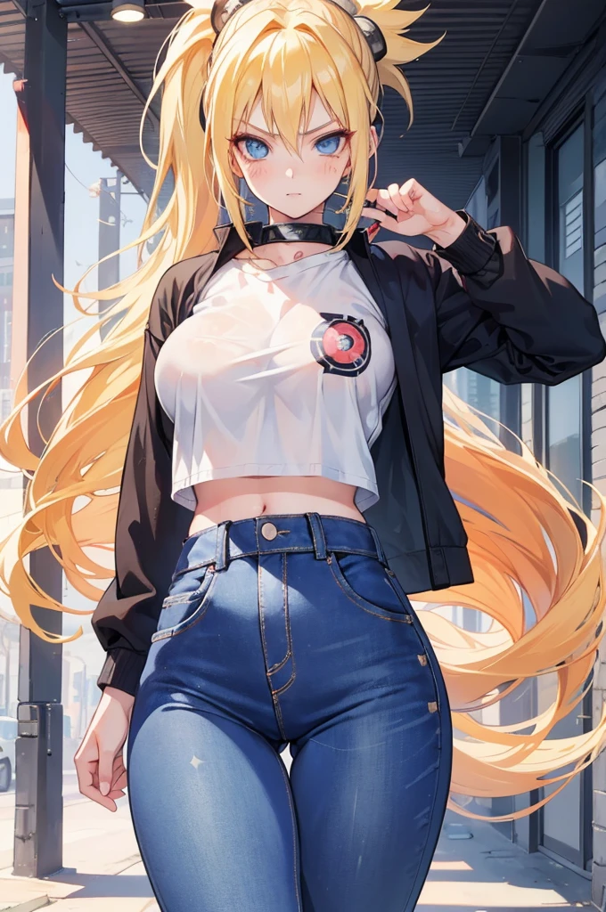1 girl, naruto uzumaki as a girl, naruto genderswap, female naruto uzumaki, naruto genderbend (anime naruto) genderswap, female/girl/woman, feminine features, feminine body, great curves, cute, hot, long blond hair, blond hair, long hair, tail in hair, ponytail in hair, blond ponytail, blue eyes, beautiful eyes, feminine blue eyes, wearing(jeans and cropped shirt), jeans woman, jeans, cropped shirt, outfit, modern clothes, ultrasharp, 4k picture, highly detailed, beautiful