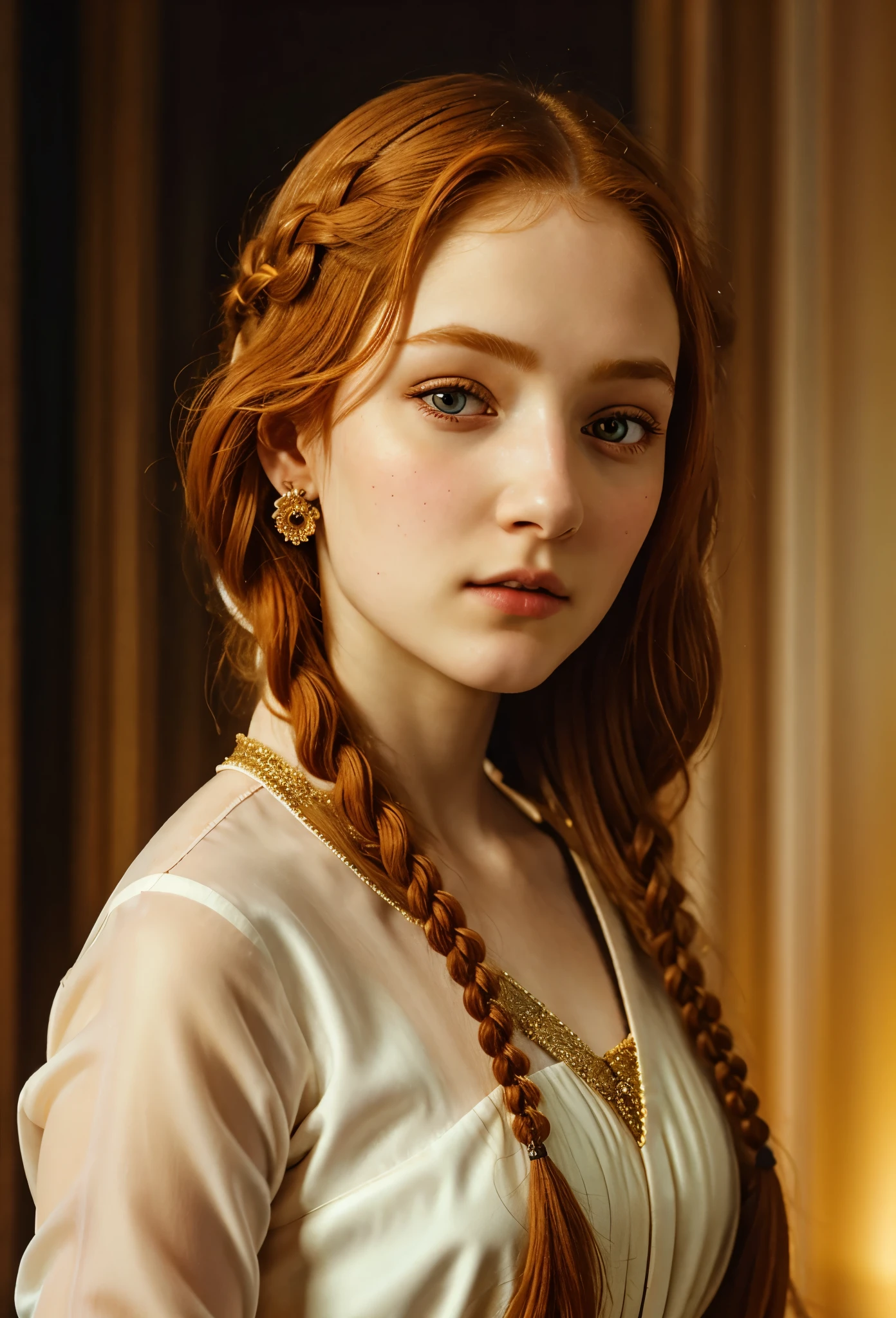 1girl, 18yo, formal clothes, fanciful braided ginger hair, detailed face, beautiful eyes, detailed nose and lips, long eyelashes, porcelain skin, serene expression, elegant posture, intricate floral dress, mid-shot, dramatic lighting, warm color palette, photorealistic, 8k, ultra-detailed, masterpiece