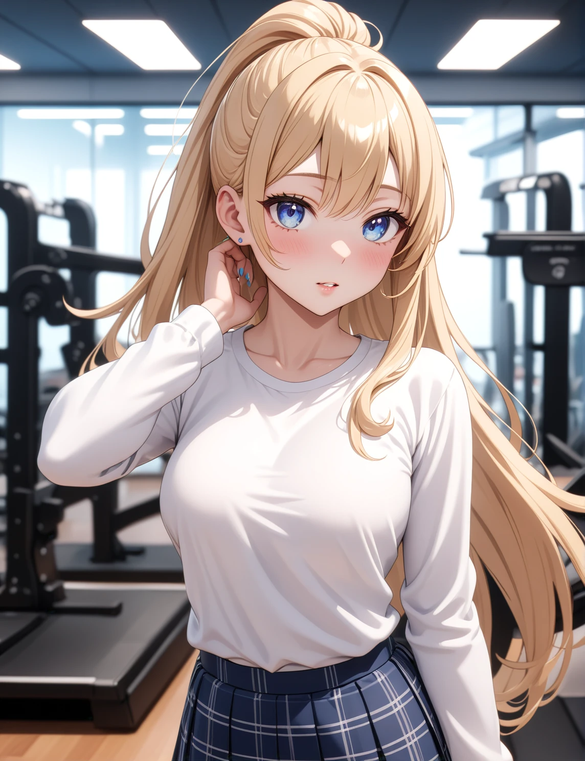 ((One girl)), beautiful,Blushing,Close your mouth,Glossy Lips,Abstract,  ((Anime style background)),gym, masterpiece, highest quality,とてもbeautiful, Absurd, up to date, Complex details, Pink long nails,AI-generated, Complex,High resolution, highest quality, super high quality,3D Images、View the viewers、3D Images,one person,Long Blonde Hair,High Ponytail,blue eyes,Anime girl posing for photo, [[Fine grain、Colorful eyes、Shining Eyes:1.15]],(Squint your eyes:1.1),a hyperRealistic , hyperRealistic , Realistic , blonde anime girl with long hair, Smooth anime CG art, beautifulアニメの女子高生,White long sleeve blouse,Blue checked skirt,Big blue chest ribbon, Brown Loafers,loose socks,Lace bra,High leg T-back,Earrings,(Large Breasts:1.3),Muscular,tall,Fine details,Abdominal muscles,Black Thong,(Leg spread),Shooting from an angle,