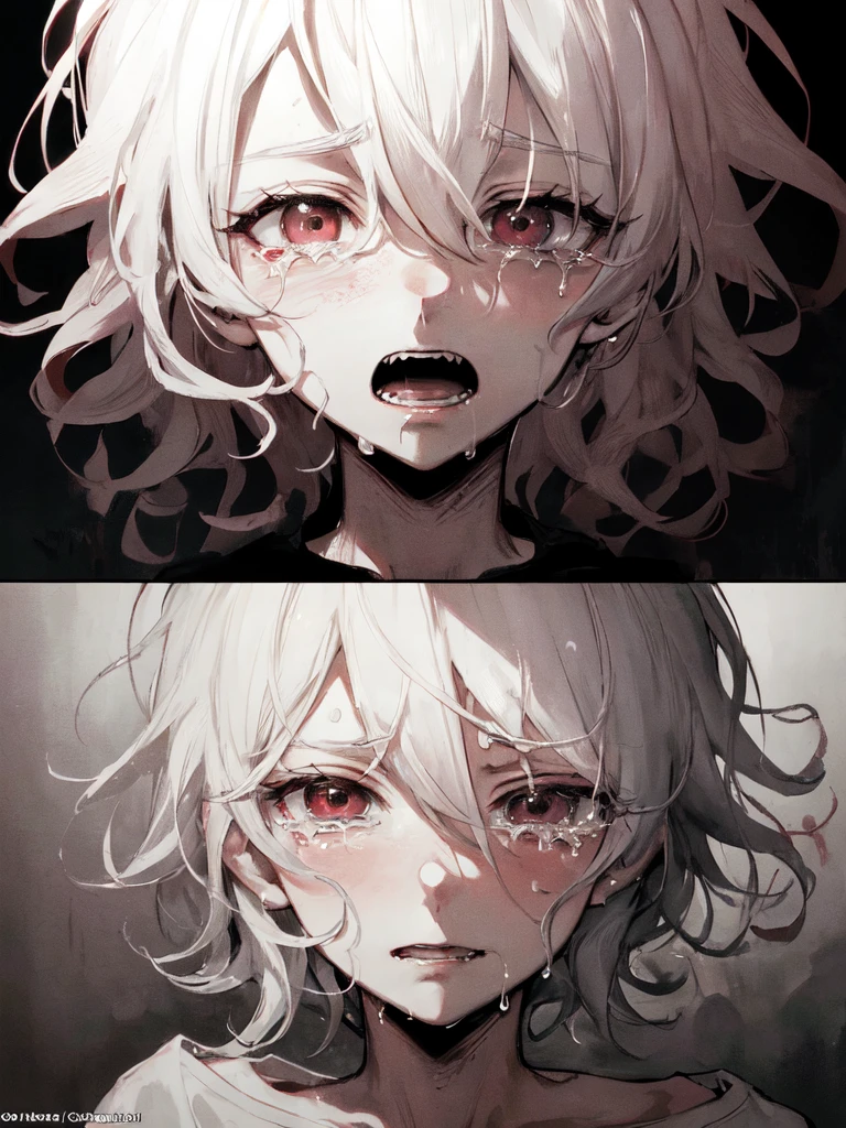 komaeda_nagito,1boy,short hair alone,crying,wearing men's white T-shirt,extremely detailed,teary eyes,soaked lashes,emotional expression,intense sadness,dripping tears,rosy cheeks,crazy eyes,crazy smile,mental illness,true-to-life textures,highly refined details,perfect anatomical structure,vibrant hues,artistic composition,breathtaking realism,masterful craftsmanship,highly emotional scene,silent sorrow,in a mental asylum, dim lighting,red blood,blood splatter, horror, creepy,moisture in the air, stark contrast,moody ambiance,precise contours,striking emotion,touching portrayal,painstaking attention to detail,aesthetically pleasing,heart-wrenching,deeply moving artistry